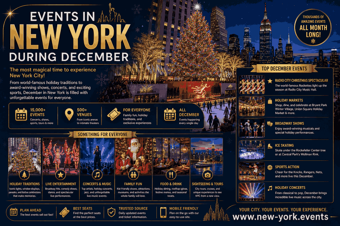 Explore the complete December calendar, holiday events, Christmas shows, and New Year's Eve celebrations across New York City.